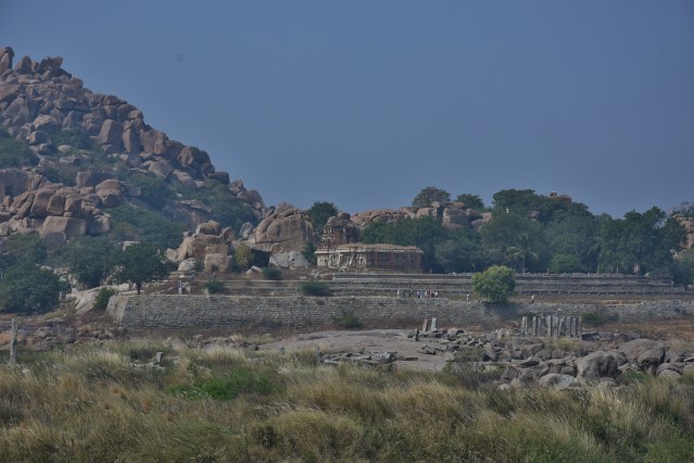 Long shot of Chandramouleswara Temple across Tungabhadra