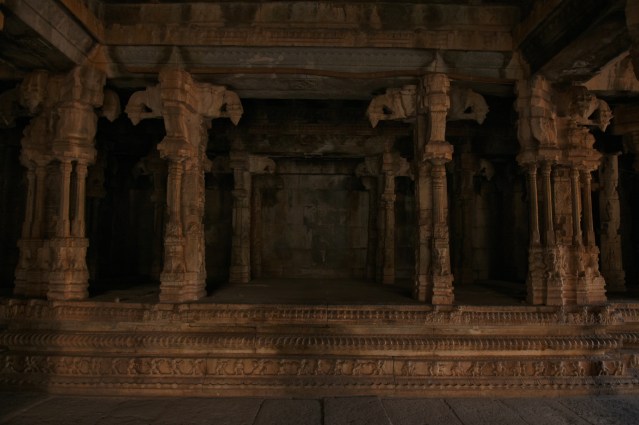 Highly ornamented stage inside Maha mandapa of Raghunathaswamy temple.