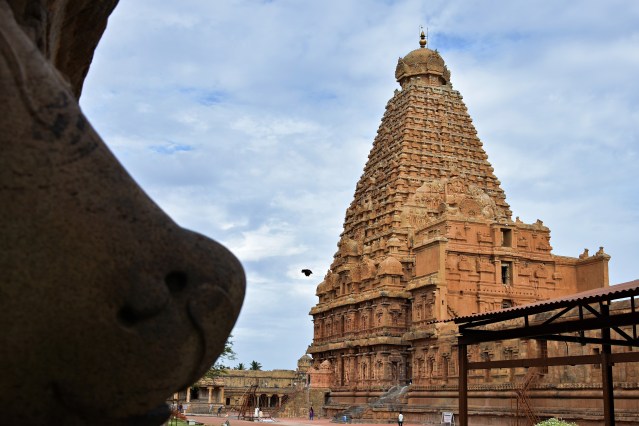 DSC_0241 - Brihadeeswara viewed from thw angle of Chola period Nandi on the South side of circumambulatory.