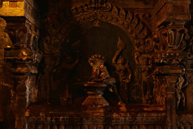 DSC_0314 - Parvati tightly holding Shiva lingam -Ravananugraha legend.'Ravana lifting Kailasa'.E wall of Great hall - Amman.