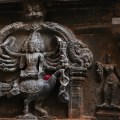 DSC_0536 – Miniature fig. of Subrahmanya with Makarathorana – found on the L side wall of N side staircase leads to sanctum.