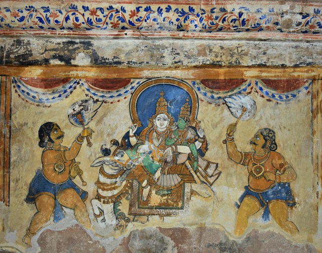 DSC_0622 - Mural Painting, Cloister mandapa (W) - 16th CE Nayaka period - Shiva with Parvathi, both sitting on Nandi vahana.