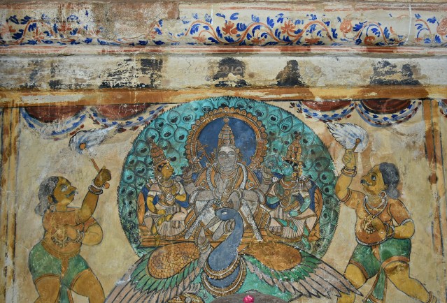 DSC_0623 - Mural Painting, Cloister mandapa (W) - 16th CE Nayaka period - Subrahmanya with Valli and Devasena in his Peacock